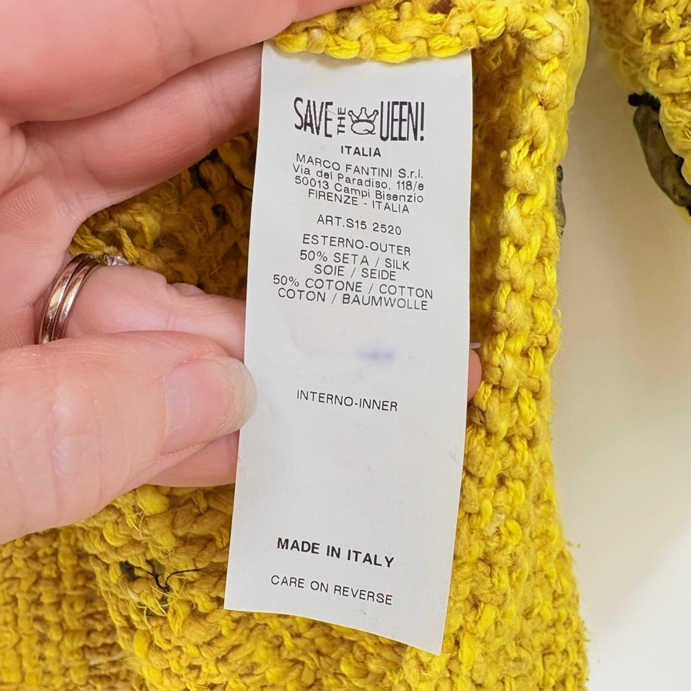Save The Queen Yellow Silk Cotton Abstract Lace Art to Wear Cardigan Top Women L - Picture 14 of 15